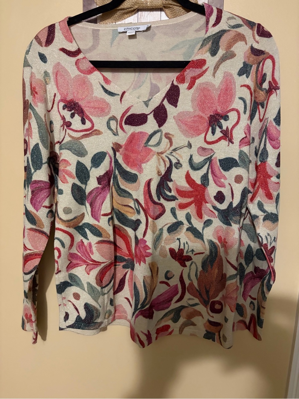 Chico's Cream Floral V-Neck Long Sleeve Top with Pink & Green Accents